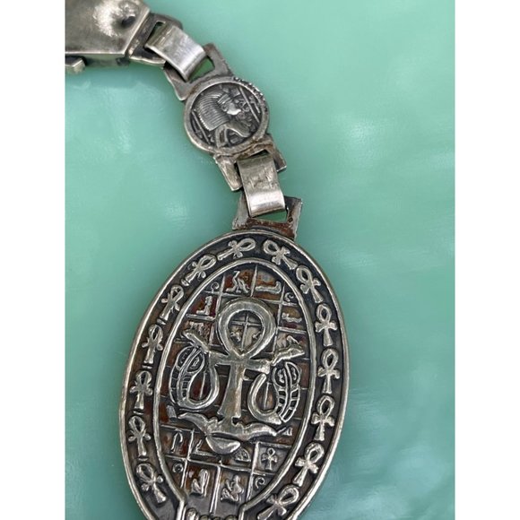 Vintage Sterling Silver Egyptian Key Chain FOB Ankh Cross Hieroglyphics 21 grams - Picture 4 of 15